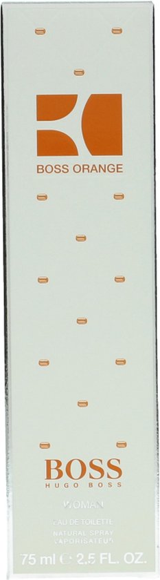 Een witte doos voor Hugo Boss Orange Eau de Toilette, met een rasterpatroon en oranje 'd'-vormige accenten.