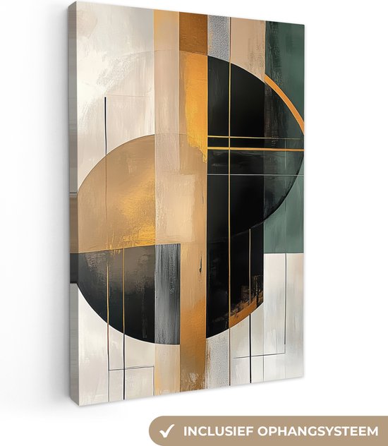 Art abstrait doré, noir, gris et vert avec des cercles et des lignes, système de suspension inclus.