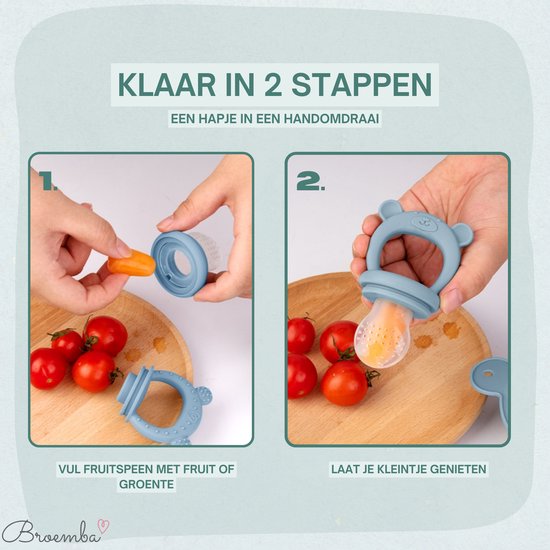 Twee stappen om de blauwe fruitspeen te vullen met fruit of groente, met tomaten en wortel.