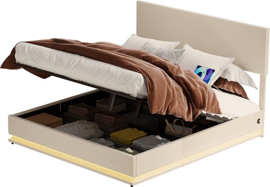 Meisjesbed 140 X 200 Cm, Gestoffeerd Bed Met Ledverlichting En Gestoffeerd Zwevend Bedframe Hoofdeinde Wolkvormig Tienerbed Fluwelen Stof Beige