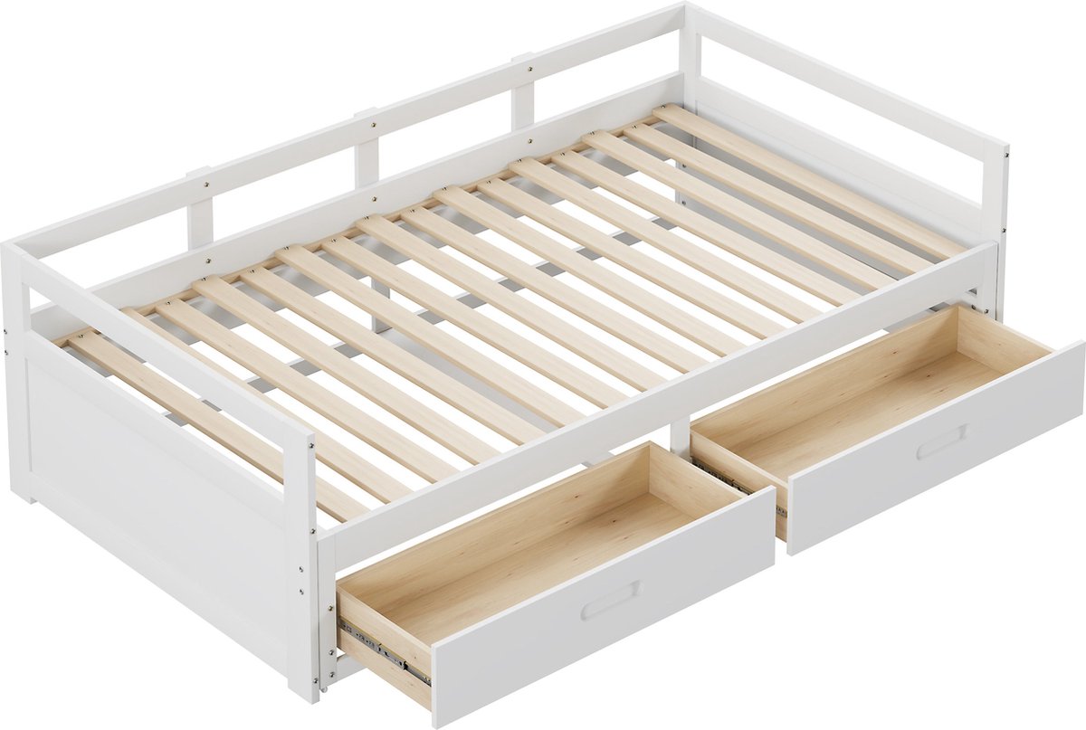 Merax Uitschuifbaar Logeerbed 90/180x200 cm – Wit Houten Bed met Opberglades en Lattenbodem - Ideaal voor Slaapkamer en Logeerkamer