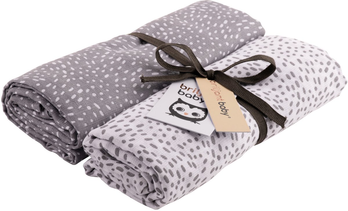 Briljant Baby Multidoek Hydrofiel XL Minimal Dots - Swaddle - Inbakerdoek - 120x120 - Grijs