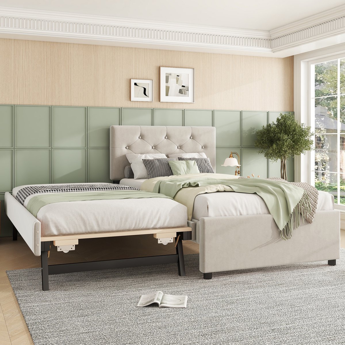 Sweiko Gestoffeerd bed 90x200 cm, met onderschuifbed, fluweel, zonder matras, beige