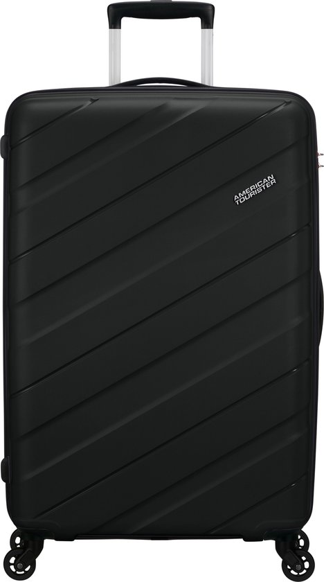 Zwarte American Tourister koffer met schuine ribbels, telescoopgreep en wielen.