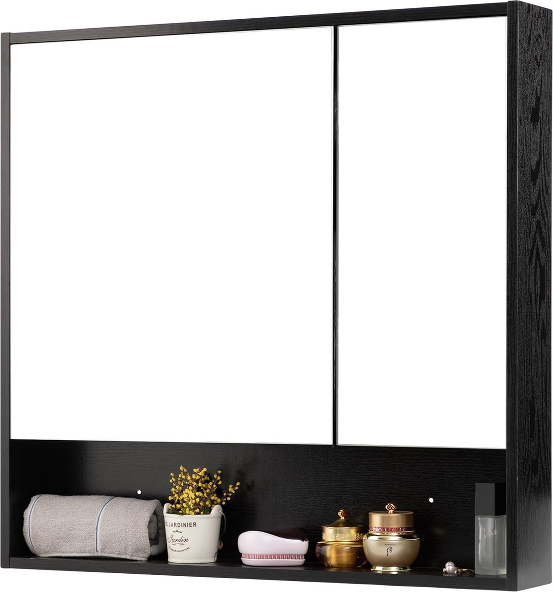Badkamerspiegelkasten met plank, dubbele spiegeldeur, badkamerkast, wandmontage, toiletopbergkast, zwart