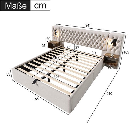 Gekapotteerd opbergbed 160x200 cm - met LED-verlichting - met USB- en