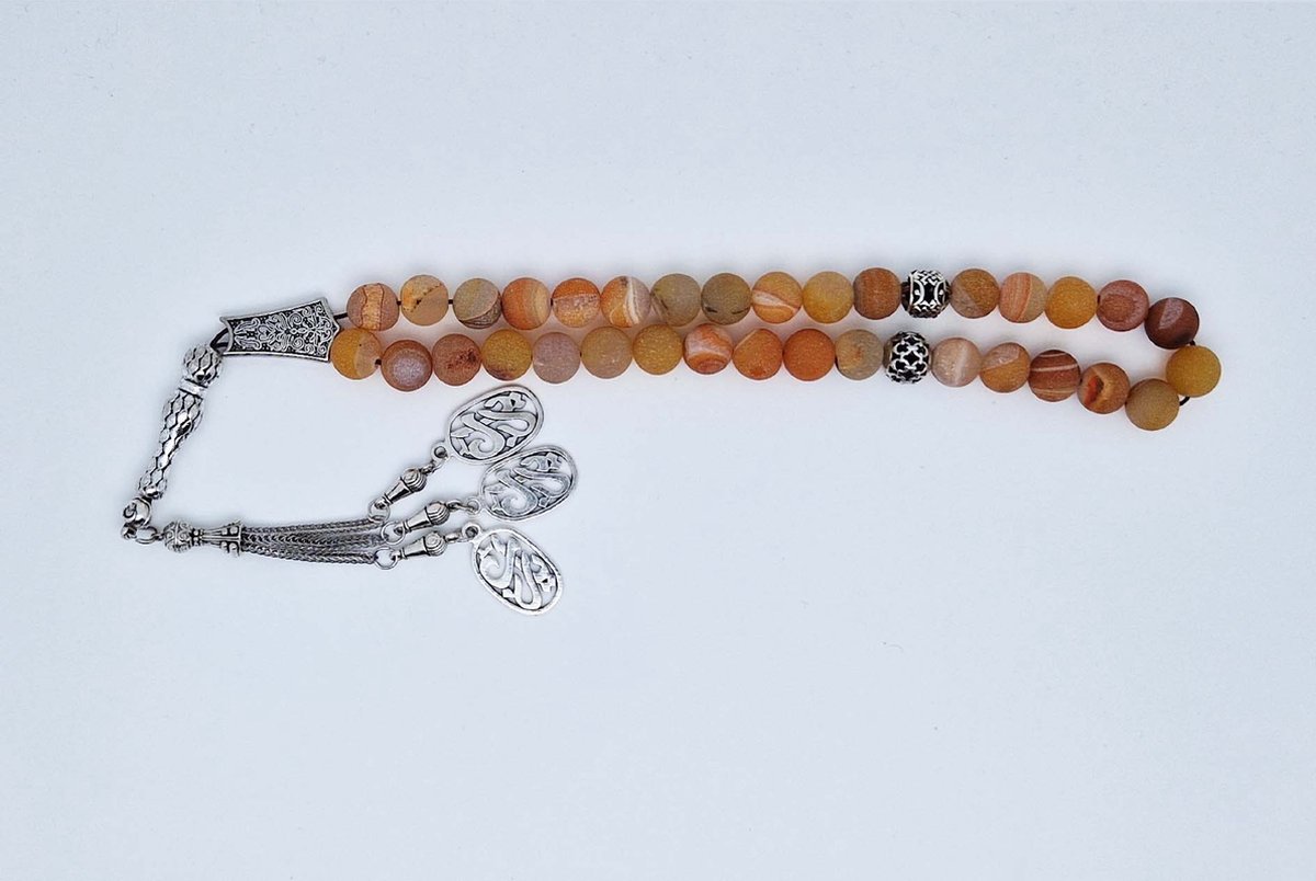 Handgemaakte tesbih "tasbih" natuursteen " Oranje frosted agaat " - Aantal kralen 33 - Diameter kralen 10 MM - met metaal tassel "model 1" - Een mooi cadeau-idee