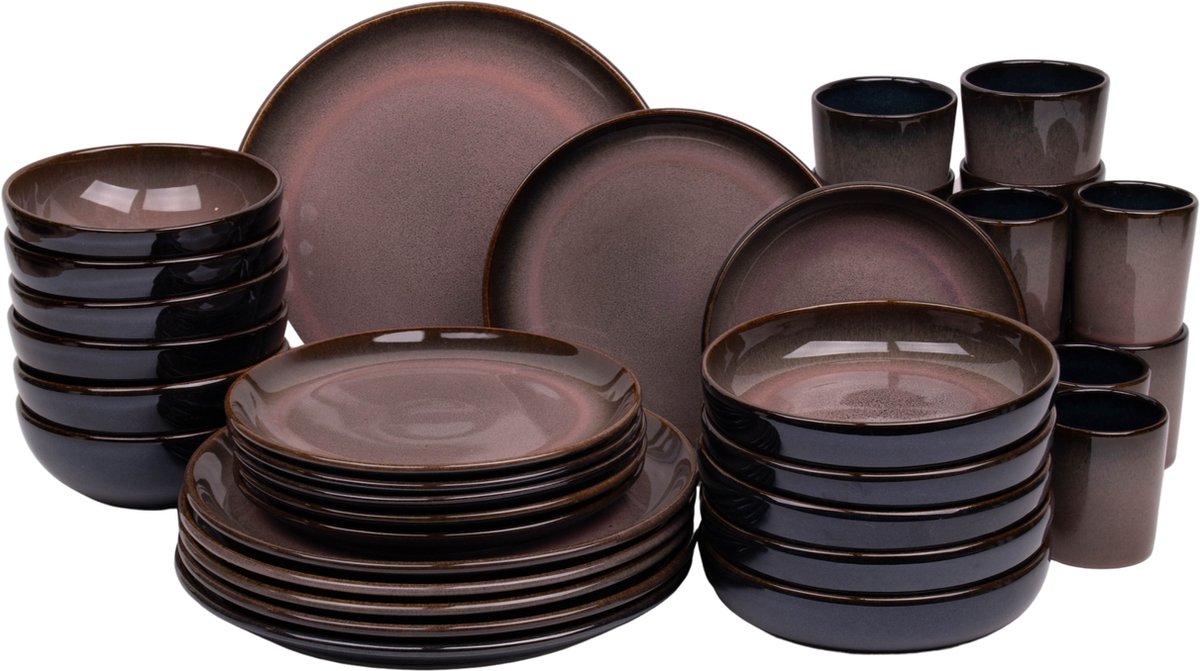 36 delige serviesset - 6 persoons - Vila Nova - blauw met roze - normale rand - Portugees stoneware