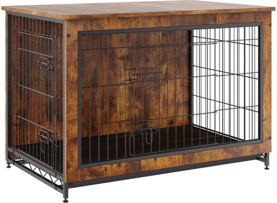 Houten hondenbench met stalen frame en dubbele deuren, op zwarte poten.