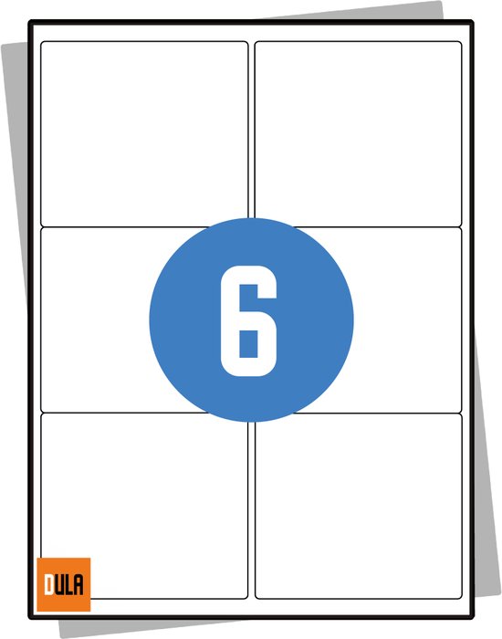 Blanco vel met 6 rechthoekige labels, met een blauwe cirkel met het cijfer 6. DULA logo rechtsonder.