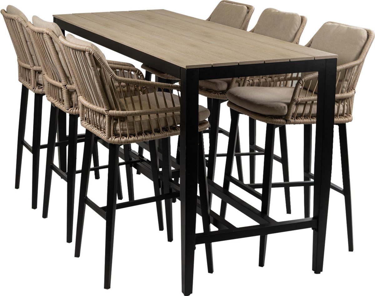 7-delige barset | 6 Isabel barstoelen Sand | Cyprus bartafel 200x75cm Wood