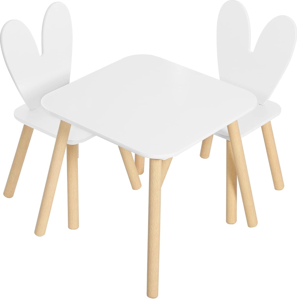 kindertafel met 2 stoelen, kinderzitgroep, kinderzitgroep, met massief houten poten, konijnenoren rugleuning, kindermeubels voor kinderkamers, kleuterscholen, wit