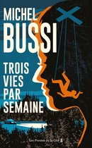 Boekhoes met de titel 'Trois vies par semaine' door Michel Bussi. Een silhouet van een gezicht met daarin een poppetje aan touwtjes.