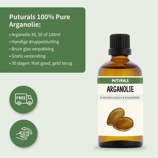 Bruine fles met zwarte dop. Label met tekst 'Puturals Arganolie', '100% Biologisch' en 'Koudgeperst'. Naast de fles staat een groene strook met tekst.