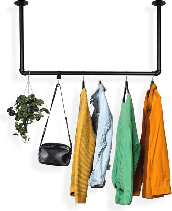 Kledingstang garderobe plafondmontage industrieel design Liam voor plafond garderobestang zwart | breedte 160 cm x hoogte 30 cm zwart | kleedkamer | hal | badkamer | inloopkast