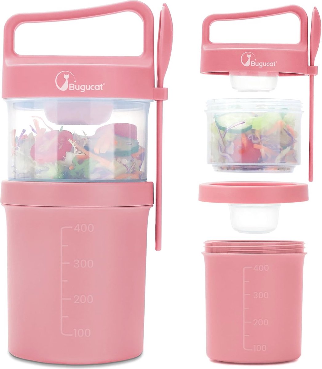 Mueslibeker To Go 2-in-1 560 ml + 360 ml - Dubbellaagse Lekvrije Yoghurtbeker met Lepel en Deksel, Handvat, Perfect voor Yoghurt en Muesli