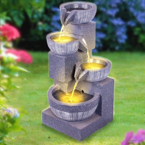 Zonne-tuinfontein fontein zonne-fontein 4-TONKRÜGE IM BAUMFELS met LED-licht decoratieve fontein