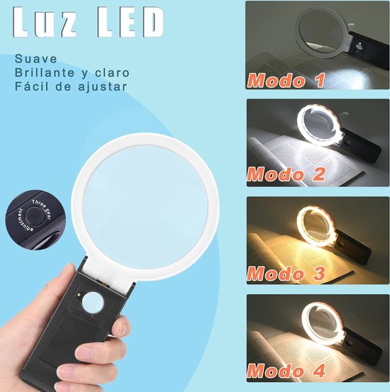 Groot Vergrootglas Met 37 LED-lampjes – 10X/20X/45X Handloep – 3 Lichtstanden – Voor Lezen, Inspectie, Munten, Hobby’s – Met 5,2″ Lens