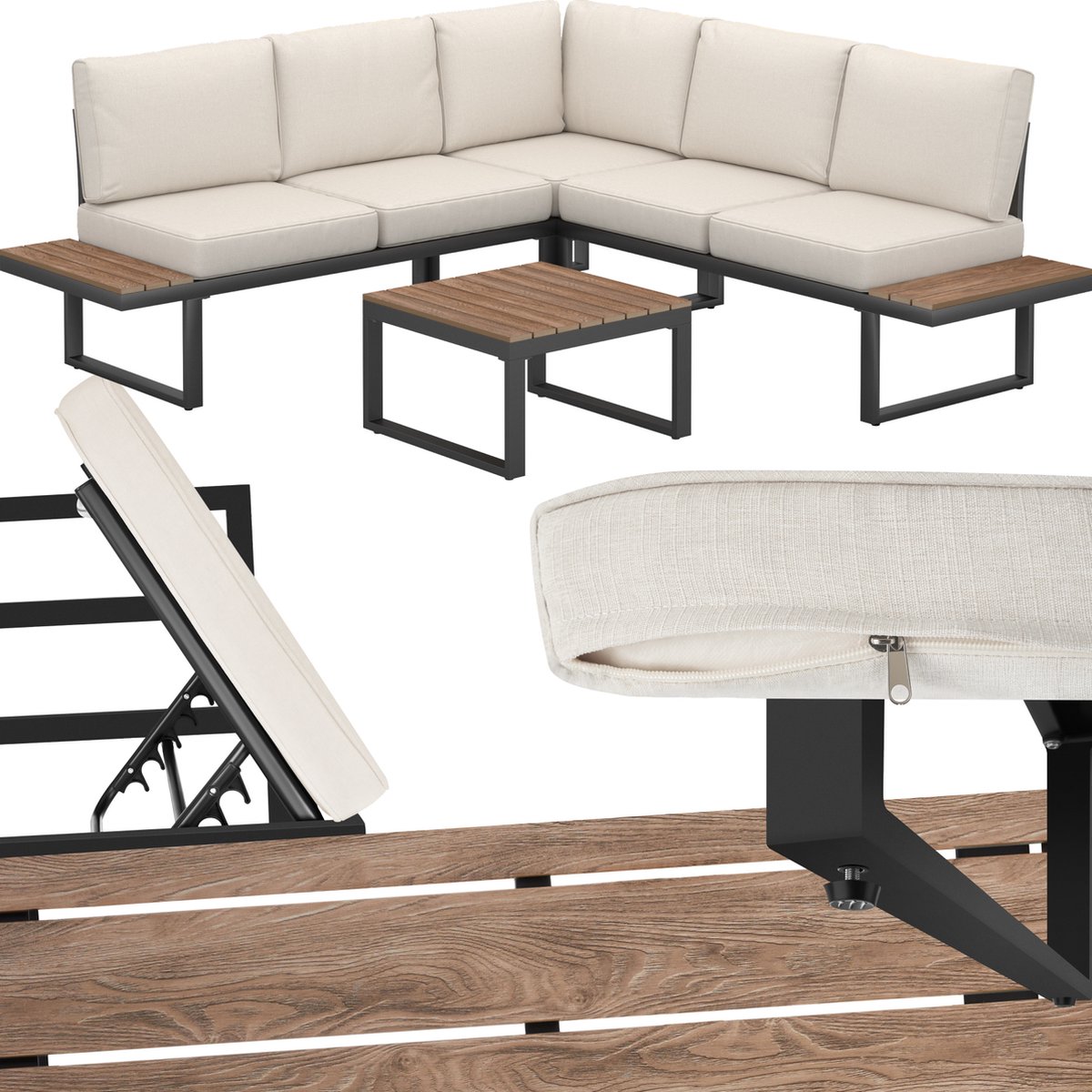 tectake® Tuinset Eliar - 4-Delige Loungeset - 5 Personen - Weerbestendige Hoekbank - Aluminium Frame - Houtlook Zijtafeltjes - Tuinbank -Tuintafel - Verstelbare Rugleuning - Ligbed - Tuinmeubelset met Kussens - Ideaal voor tuin, balkon en terras