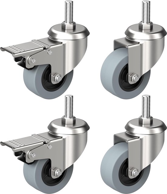 Set van 4 meubelwielen, transportwielen, meubelwielen, 360° draaibaar, zwenkwielen, bokwielen, rubberen wielen, 40 mm, tot 50 kg per wiel, zwenkwielen voor binnen en buiten (2 met remmen en 2 zonder