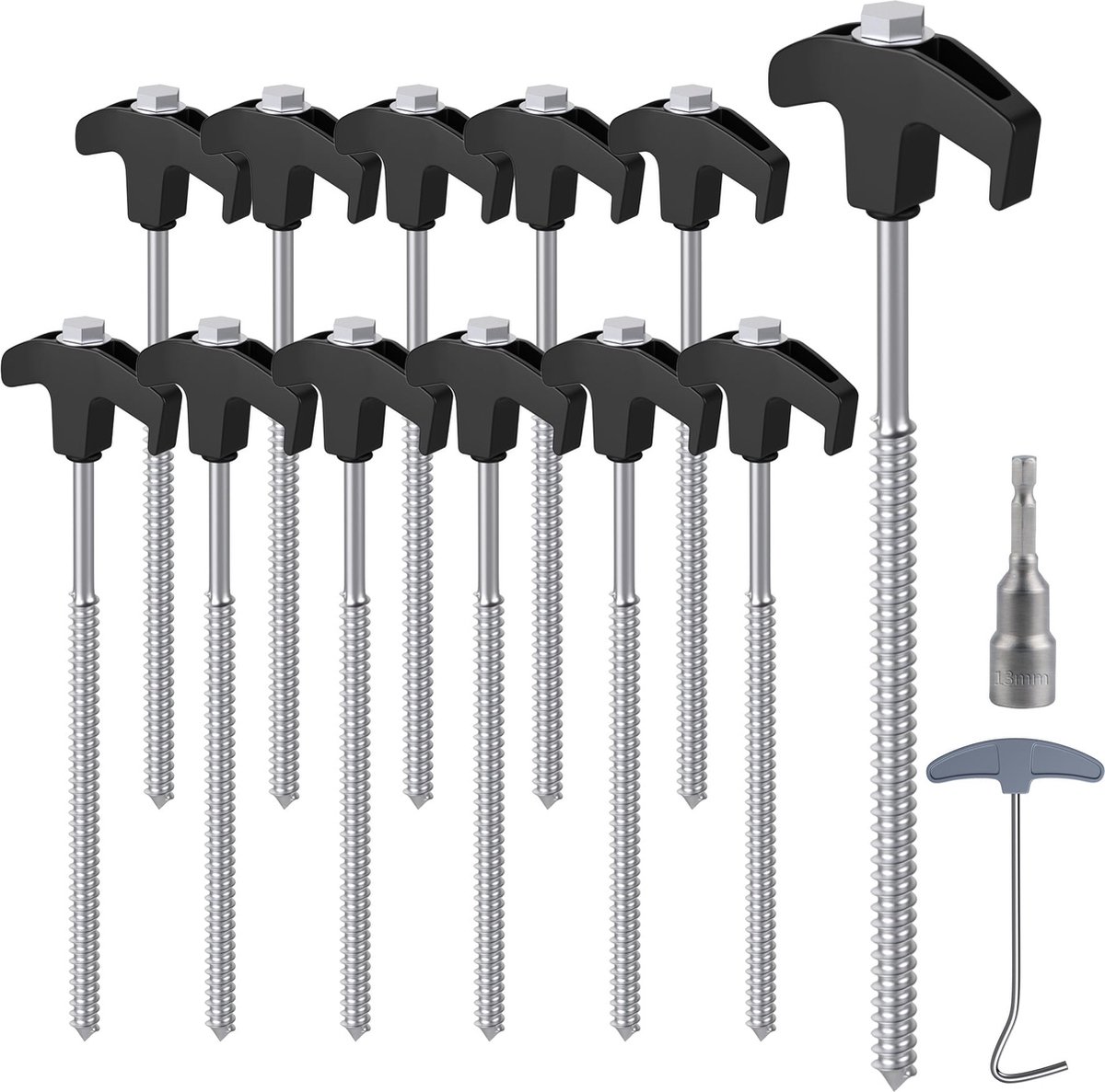 JGS ® Twaalfdelige Set Stalen Tentharingen met Bit en Nageltrekker voor Diverse Ondergronden