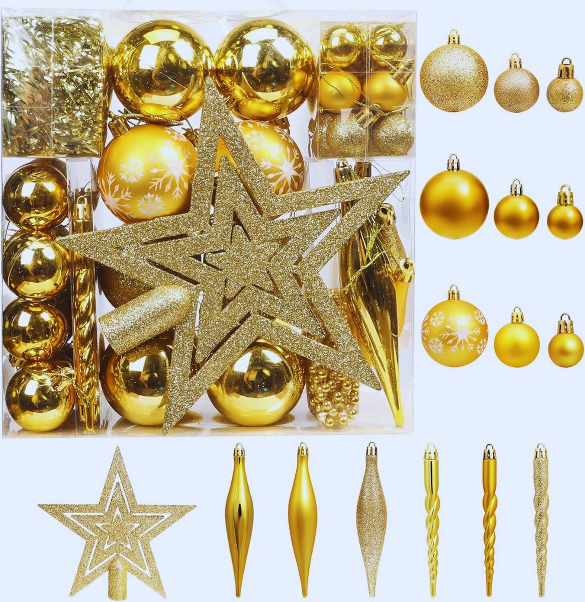 Set Van 75 Gouden Kunststof Kerstballen Met Kerstboompiek - Perfecte Versiering Voor Kerstboom - Bruiloft - Feest En Slaapkamer