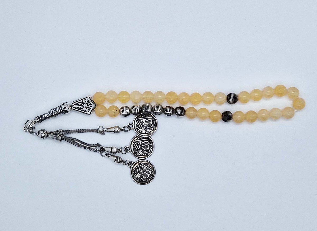 Handgemaakte naam tasbih 33 Kralen Natuursteen “ Calciet geel” - met metaal tassel “Allah jala jalaluh"- Met je naam of de naam van uw geliefde- 8 mm diameter van de korrel