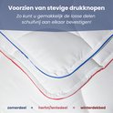 Detail van een wit dekbed met drukknopen, rode en blauwe bies, die de delen zomer en herfst/lente verbindt tot winterdekbed.