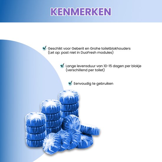 Stapel blauw-witte wc-blokjes met sterpatroon. De tekst 'KENMERKEN' staat erboven.