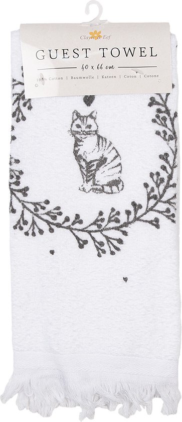 Clayre & Eef Serviette invité 40x66 cm Blanc Coton Chat