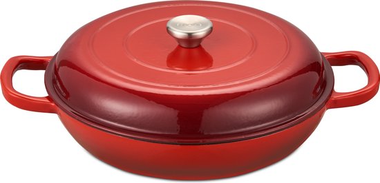 MOA Gietijzeren Braadpan - 3,5L - Voor Alle Warmtebronnen incl. Inductie - Met Deksel - Ø 30cm - Anti-Aanbaklaag - Rood