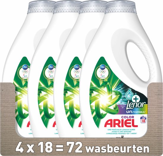 Détergent liquide Ariel + Touch de Lenor Unstoppables Color - 4 x 18 lavages - Pack économique