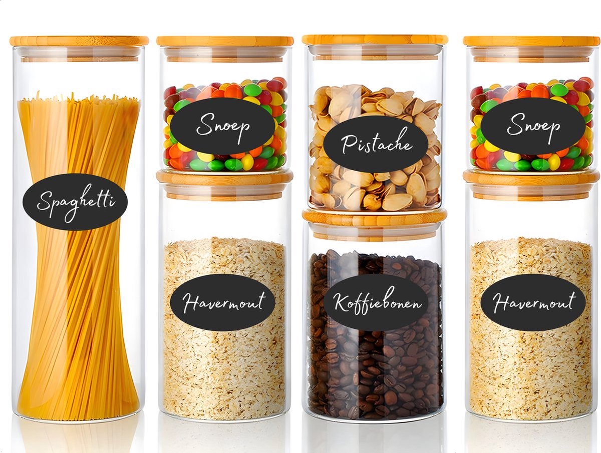 Five Stars® Voorraadpotten - 7 Delige Set - Glazen Potjes Met Deksel - BPA-vrij - Met Pen & 16 Herschrijfbare Stickers - Snoeppot