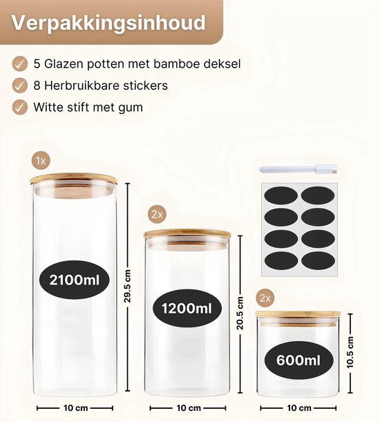 5 bocaux en verre avec couvercles en bambou de 3 tailles: 2100ml, 1200ml, 600ml. Comprend des autocollants et un marqueur blanc.