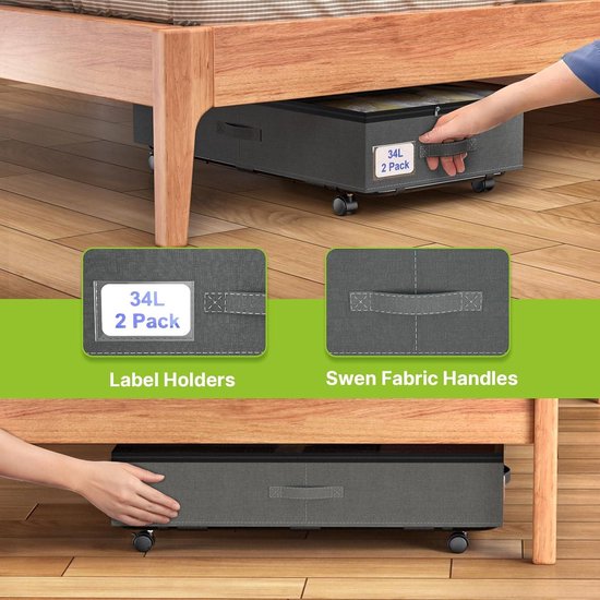 Opbergdoos voor onder het bed, met deksel en wieltjes, onderbedcommode met kijkvenster, stapelbare bedlade, organizer, opbergtas, voor dekbedden, kleding, beddengoed (grijs