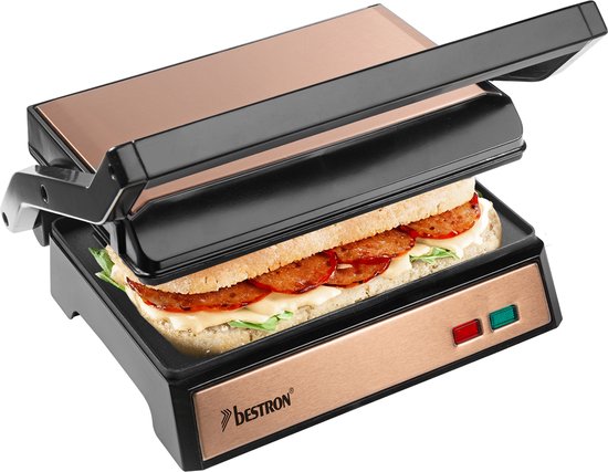 Bestron elektrische tosti apparaat met opvangbak, Contactgrill met Cool-Touch-handgreep & 180° opening, panini grill met antiaanbaklaag, instapmodel, Copper Collection, kleur: koper
