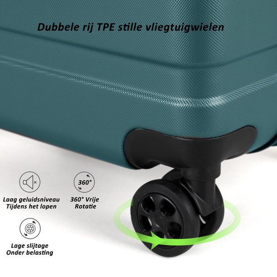 Detail van een jadegroen kofferwiel met tekst die lage geluidsproductie en 360° rotatie aangeeft.