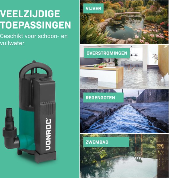 VONROC Pompe submersible – Pompe eau sale – Pompe à eau – 750 – 14000 l/h – Pour eau sale et propre – Avec flotteur intégré