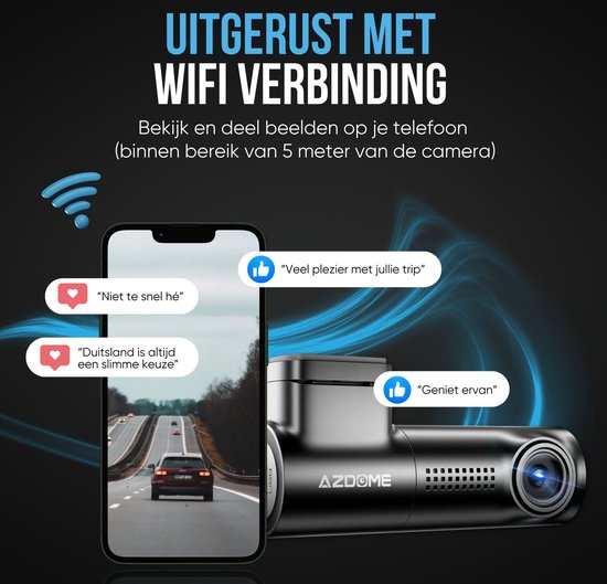 AZDome dashcam met smartphone die beelden toont, en tekst over wifi-verbinding.