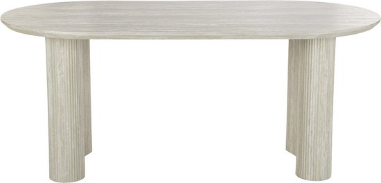 Een rechte weergave van een ovale, lichtgrijze eettafel met gecanneleerde poten.
