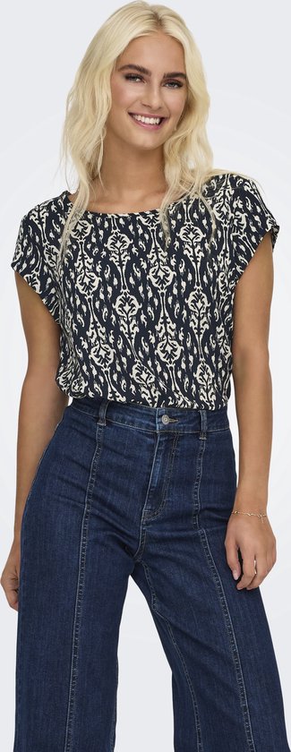 ONLY dames O-hals shirt vic AOP zwart & beige