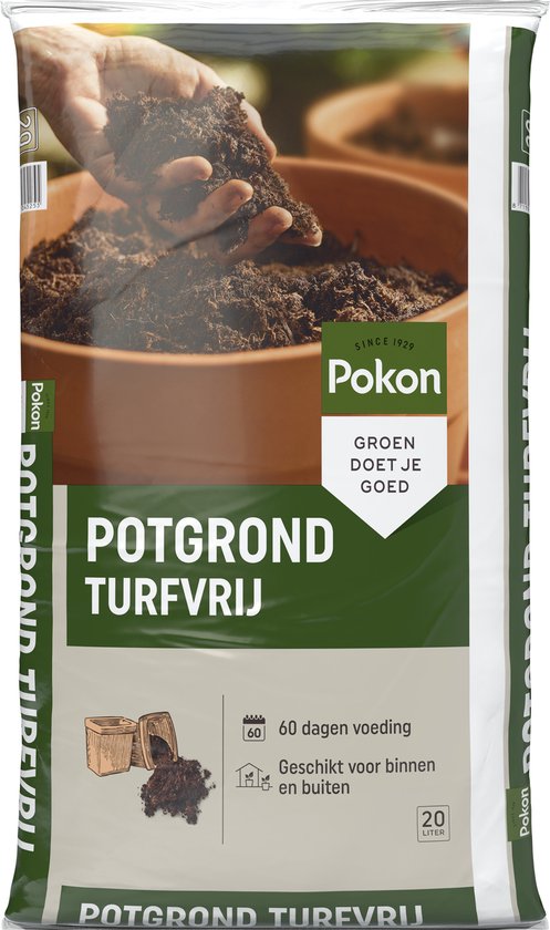 Zak Pokon Potgrond TurfVrij 20 liter met een afbeelding van handen die potgrond vasthouden. Tekst: '60 dagen voeding'.