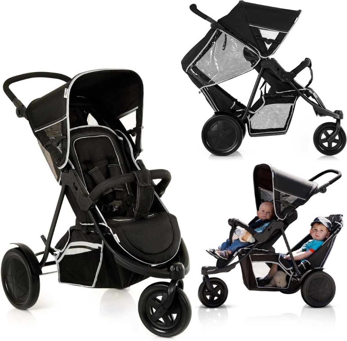ApexArte® Duo Kinderwagen - Buggy - Tweeling - Wandelwagen - Zwart