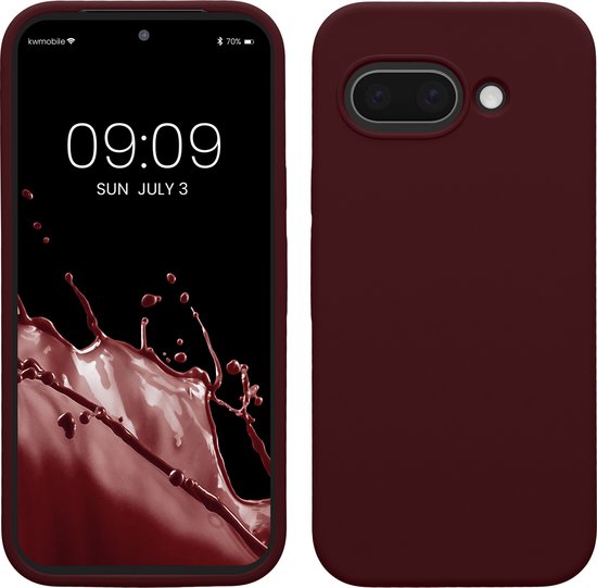 Coque de téléphone bordeaux et un smartphone avec un écran à motif d'éclaboussures rouges.