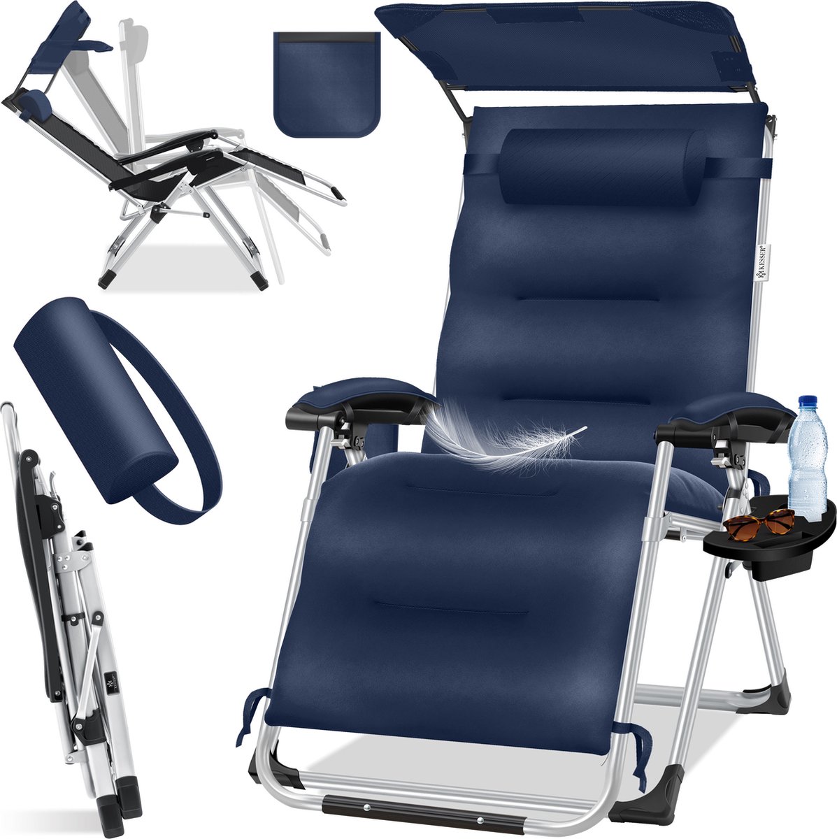 KESSER Luxe Ligstoel – Extra Breed & Comfortabel – Dikke Kussens, Armleuningen, Hoofdkussen, Bijzettafel & Opbergvakken – Ergonomisch & Antislip – Tuin of Balkon – Marineblauw