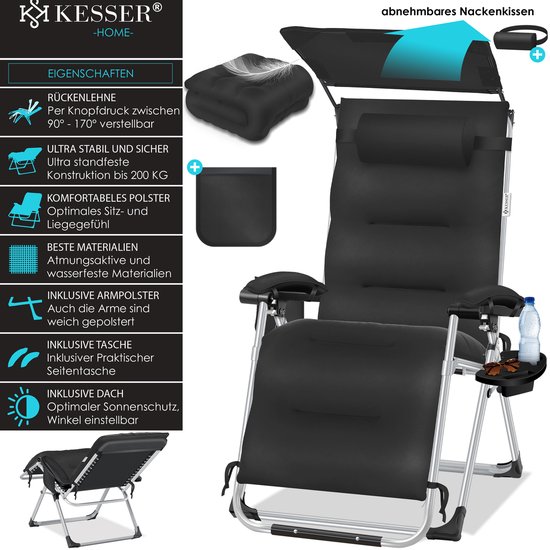 KESSER Luxe Ligstoel - Extra Breed & Comfortabel - Dikke Kussens, Armleuningen, Hoofdkussen, Bijzettafel & Opbergvakken - Ergonomisch & Antislip - Tuin of Balkon - Zwart — afbeelding 3