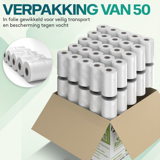 Een open doos met 50 witte thermische papierrollen, verpakt in folie, opgestapeld en klaar voor transport.