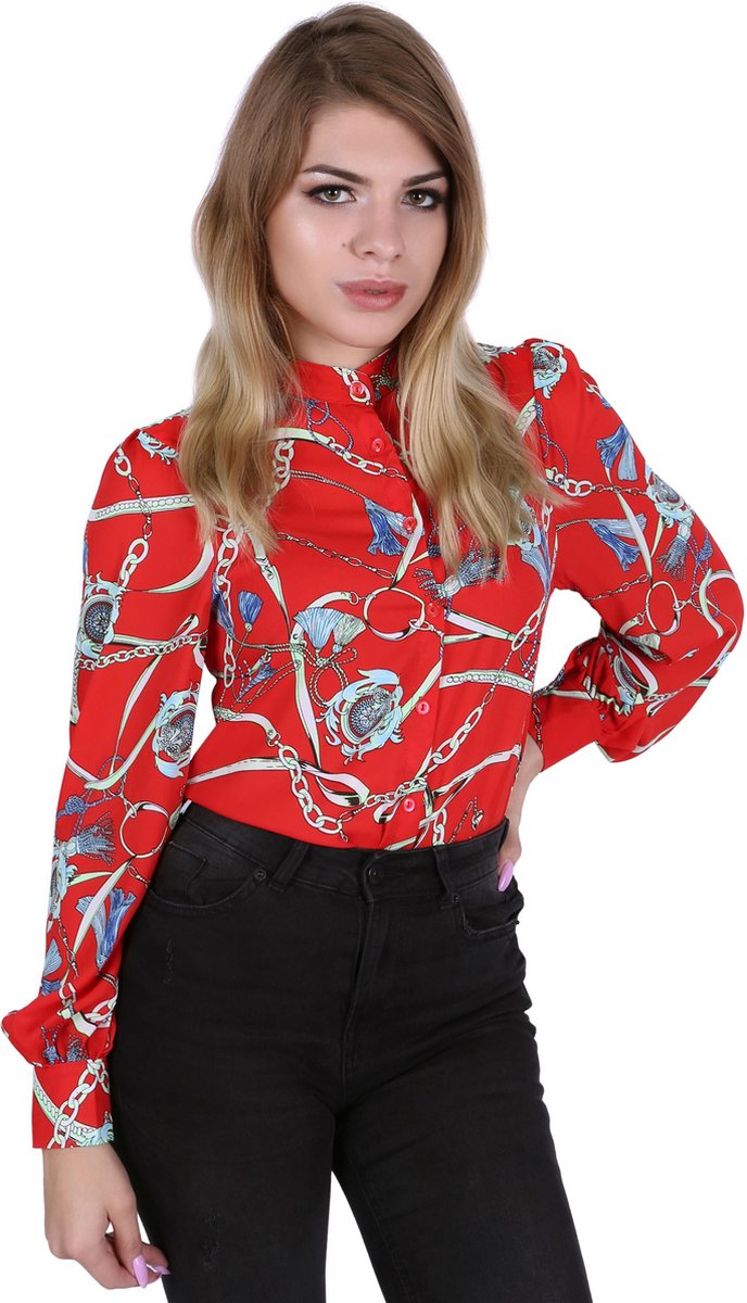 overhemd met opstaande kraag voor dames met trendy chainmail-patronen Rood