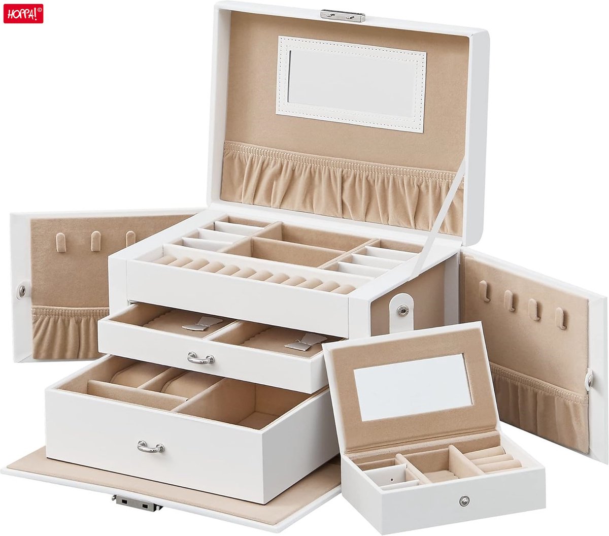 Hoppa! Sieradendoos Met 2 Laden - Wit- Roze - MDF/Fluweel