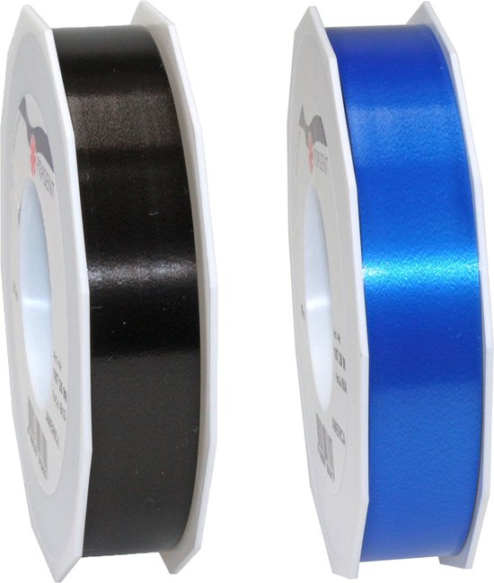 Bellatio decorations 2x rollen satijn cadeaulint/sierlint - 2.5 cm x 91 meter - zwart en blauw - Luxe inpak linten